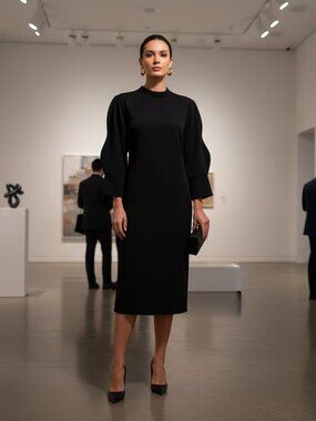 Alexia Admor Logan Mock Neck Sheath Dress Black S Artsy Scalloped Sleeve LBD